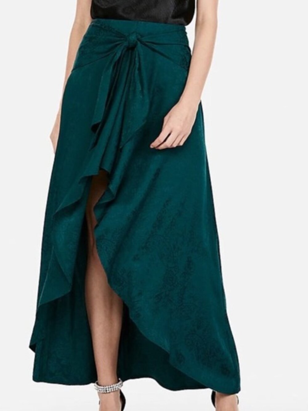 Express Green Satin Jacquard Ruffled Tie Waist High-Low Maxi Skirt Size 8